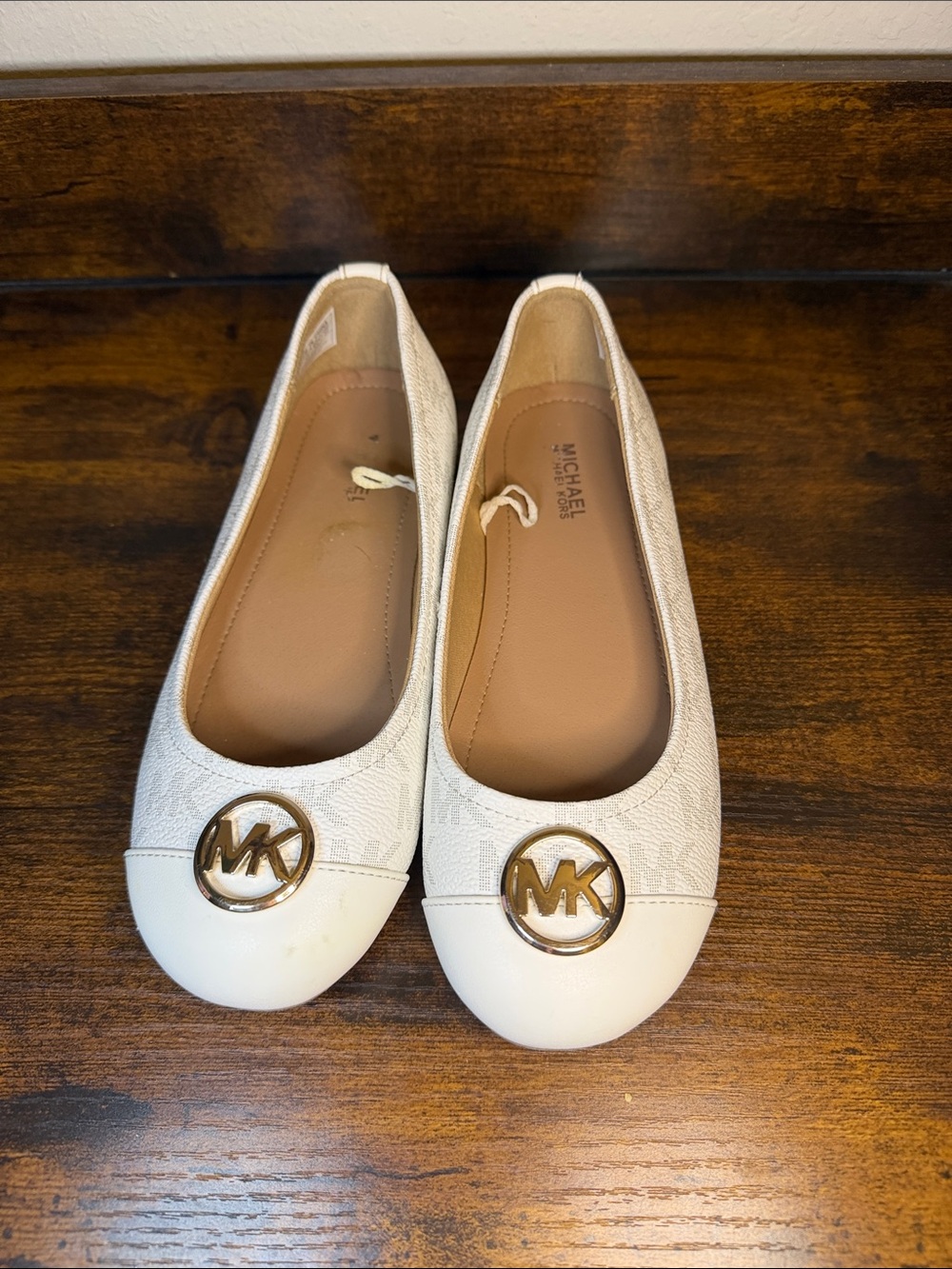 Michael Kors White Logo Ballet Flats with Gold MK Medallion